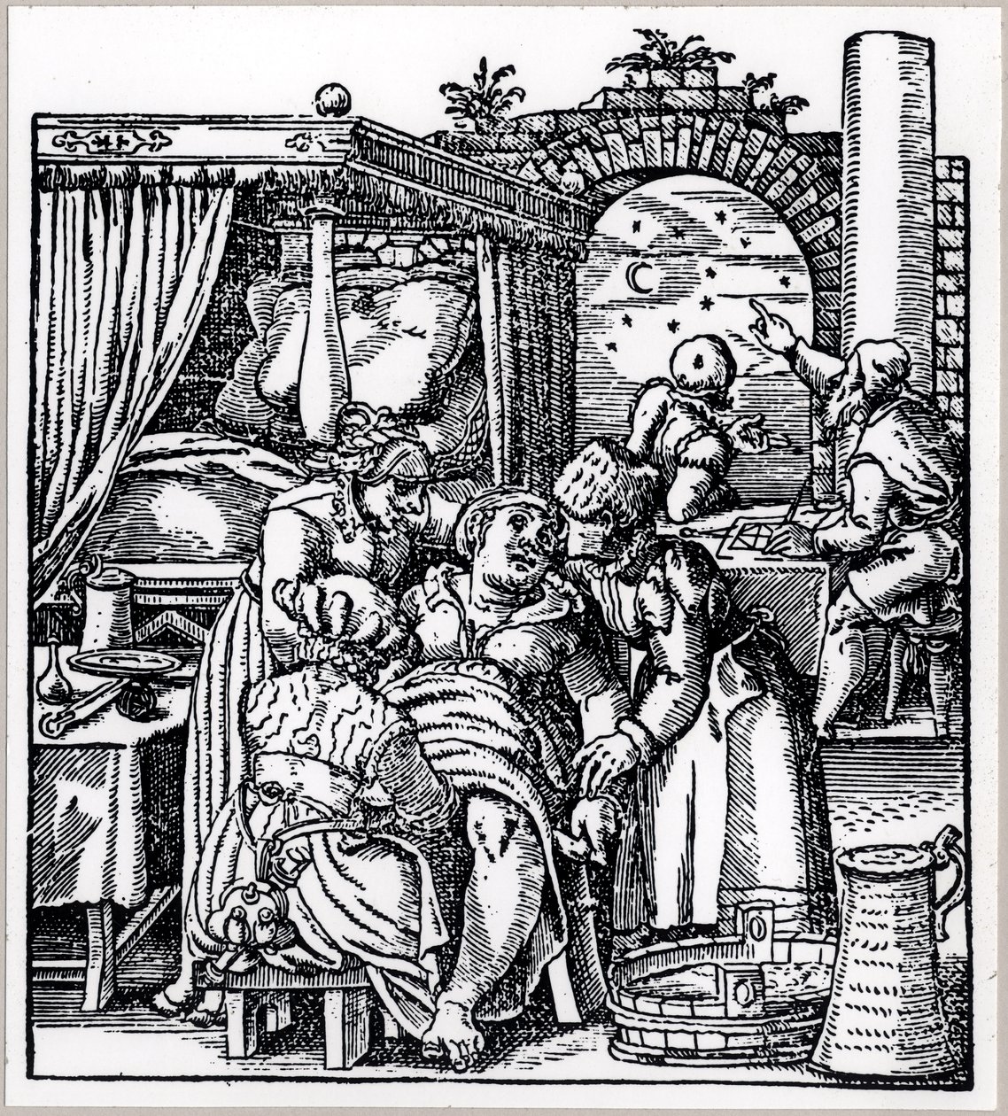 Astrologers Casting a Horoscope for the Child Being Born to a Woman in a Birth Chair, from De Conceptu et Generatione Hominis by Jacob Rueff, Published in Frankfurt, 1587 by German School