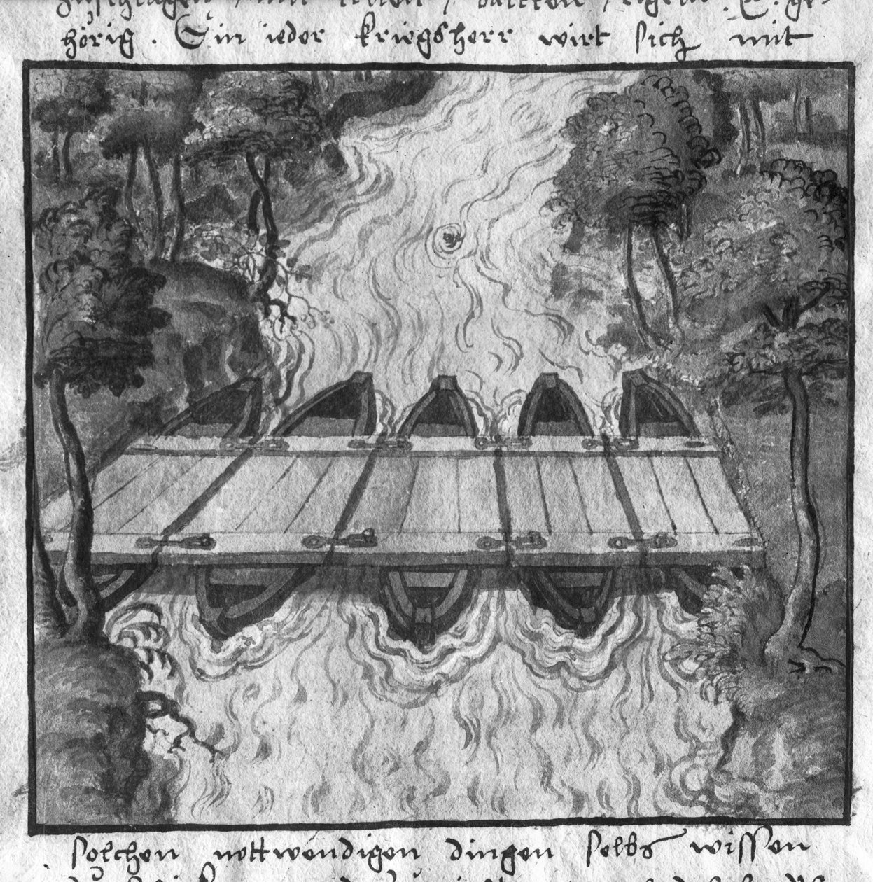 Bridge of boats, illustration from LArt de lartillerie by Wolff de Senftenberg, 2nd half 16th century by German School