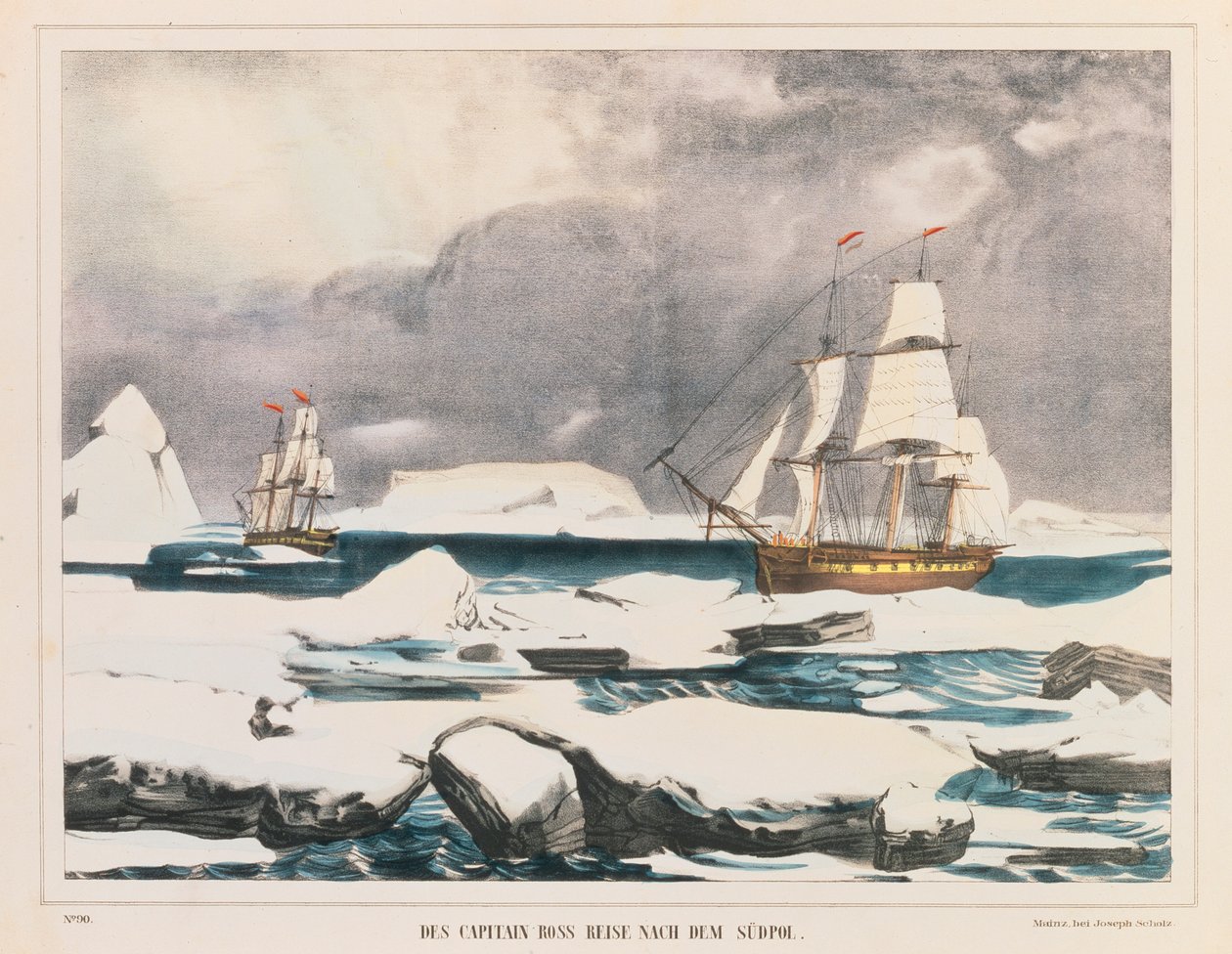 British Polar Explorer Captain Ross Expedition to Antarctica, published by J. Scholz, Mainz, between 1839-42 by German School