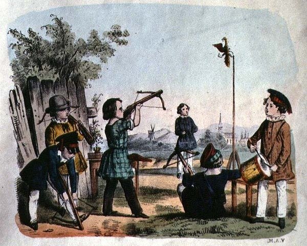 Children shooting a target with an arquebuse, c.1860 by German School