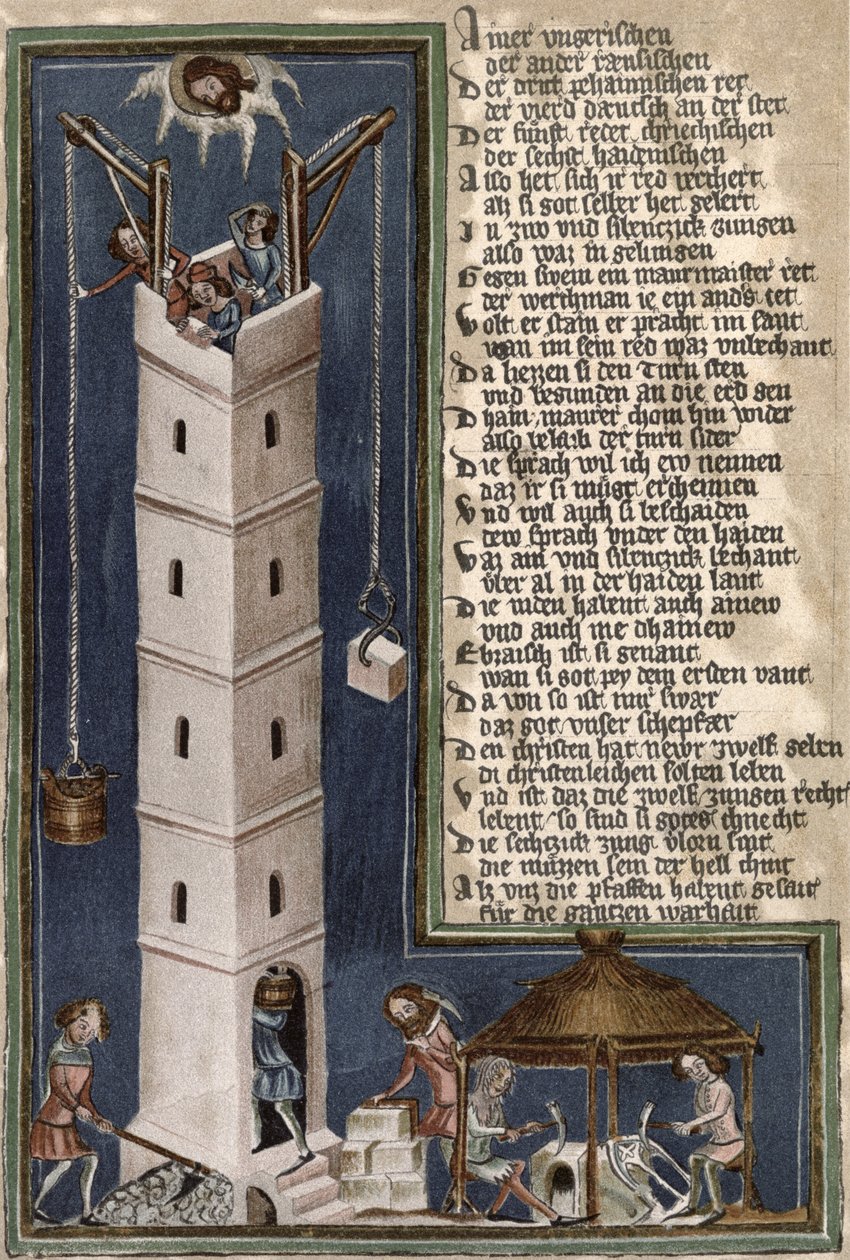 Construction of the Tower of Babel, copy of a 15th century manuscript by German School
