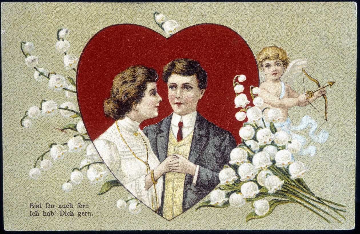 Couple of lovers in a heart surrounded by lily of the valley and Cupid (Eros) - German postcard, 20th century by German School