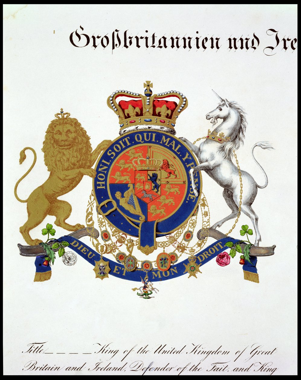 Crest of the King of the United Kingdom of Great Britain and Ireland, Defender of the Faith and King of Hanover by German School