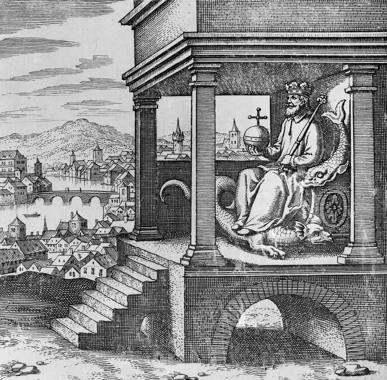Crowned King on Throne from Musaeum Hermeticum by German School
