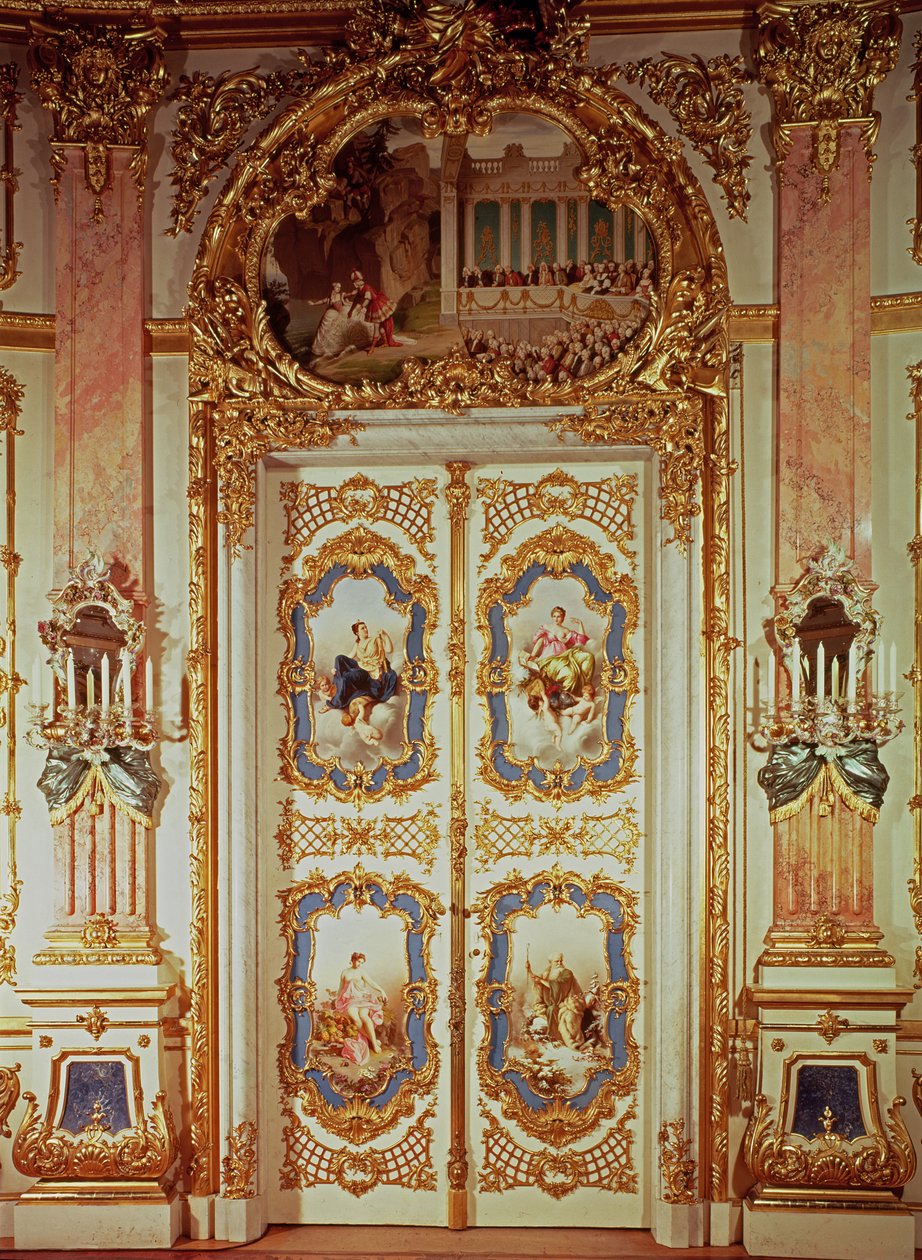 Door of the Porcelain Room with four panels depicting classical scenes by Meissen and one depicting a theatrical production by German School