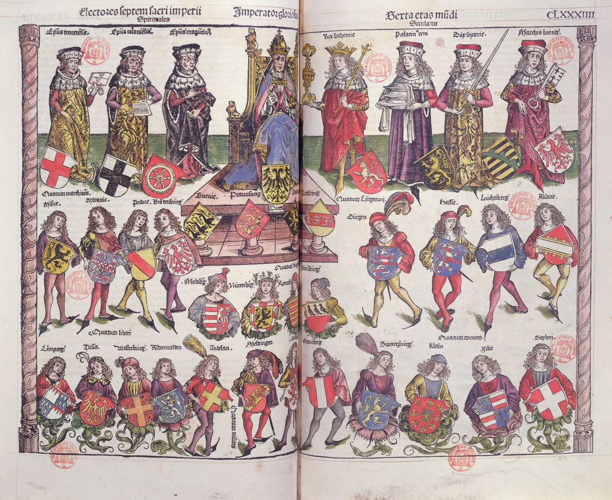 Emperor and electors of the Holy Roman Empire with twenty four German noblemen presenting their coats of arms by German School