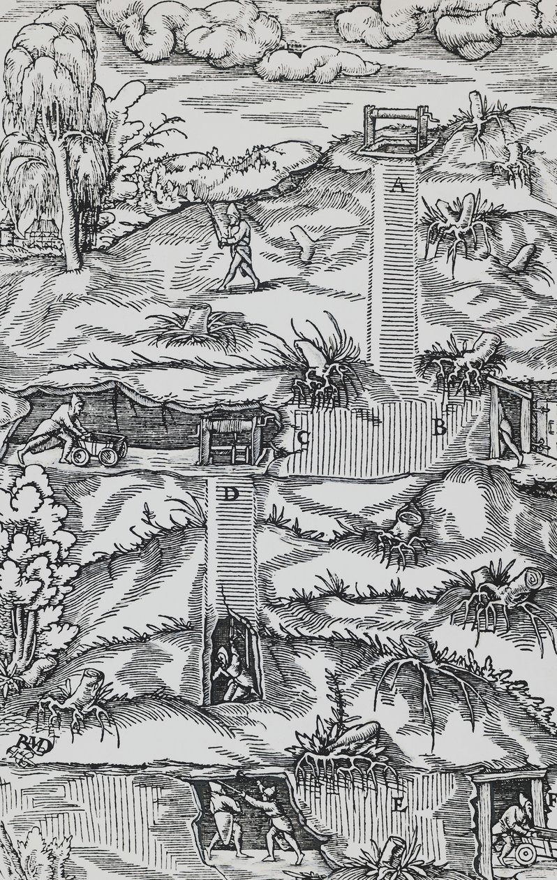 Engraving from De re metallica (On the nature of metals), by Georgius Agricola, published in Basel by German School