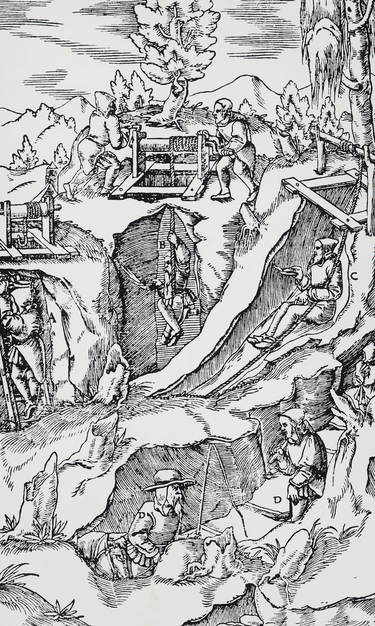 Engraving from De re metallica, by Georg Pawer or Georgius Agricola, published in Basel by German School