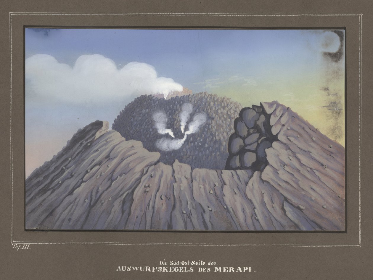 Eruption from Mount Merapi, Pl.III, Topographischer und Naturwissenschaftlicher Atlas zur Reise durch Java, by Dr.Fr.Junghuhn, Magdeburg 1845 by German School