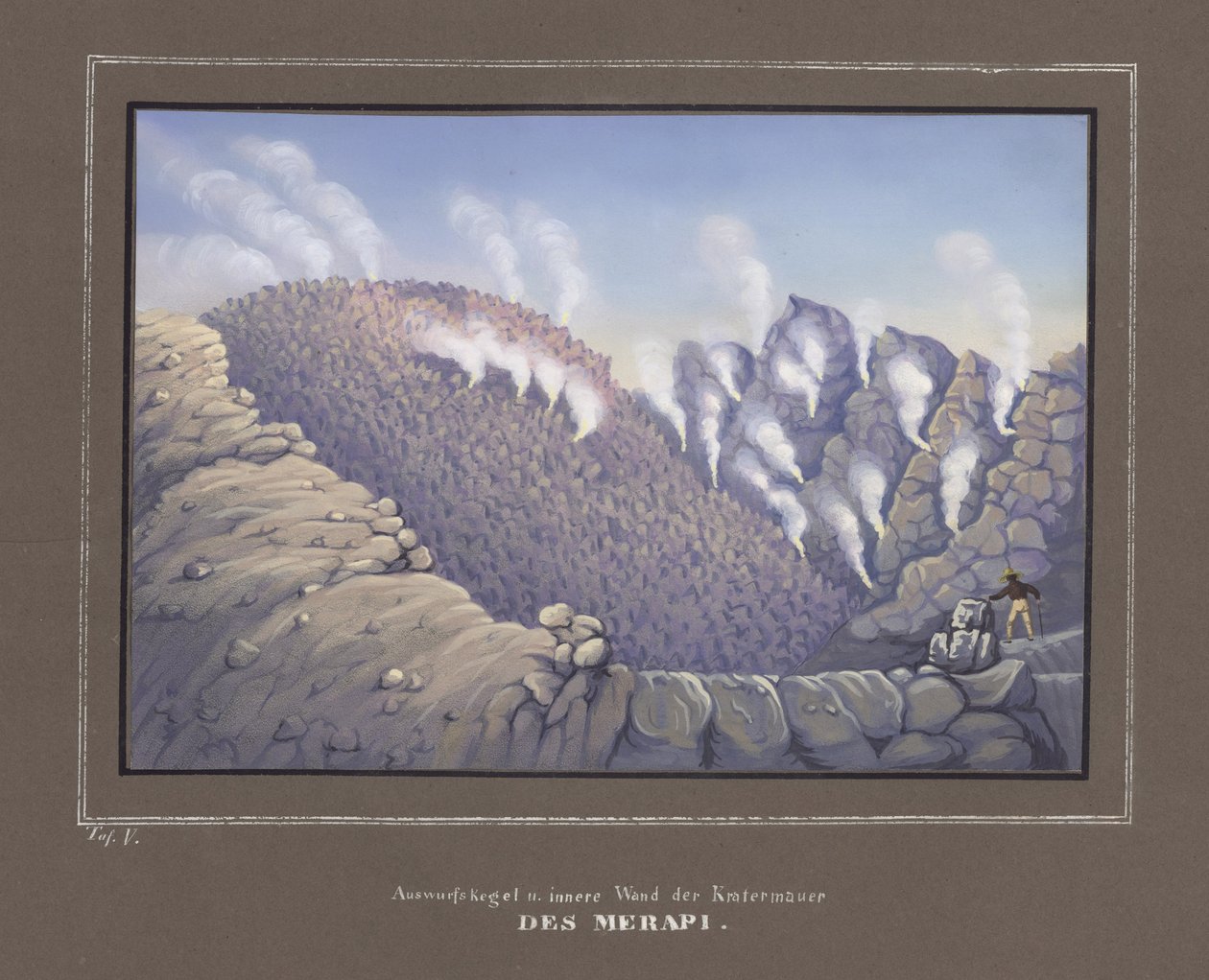 Eruptions and Inner Wall of the Merapi Volcano, Pl. V from Topographischer und Naturwissenschaftlicher Atlas zur Reise durch Java, by Dr.Fr.Junghuhn, Magdeburg 1845 by German School