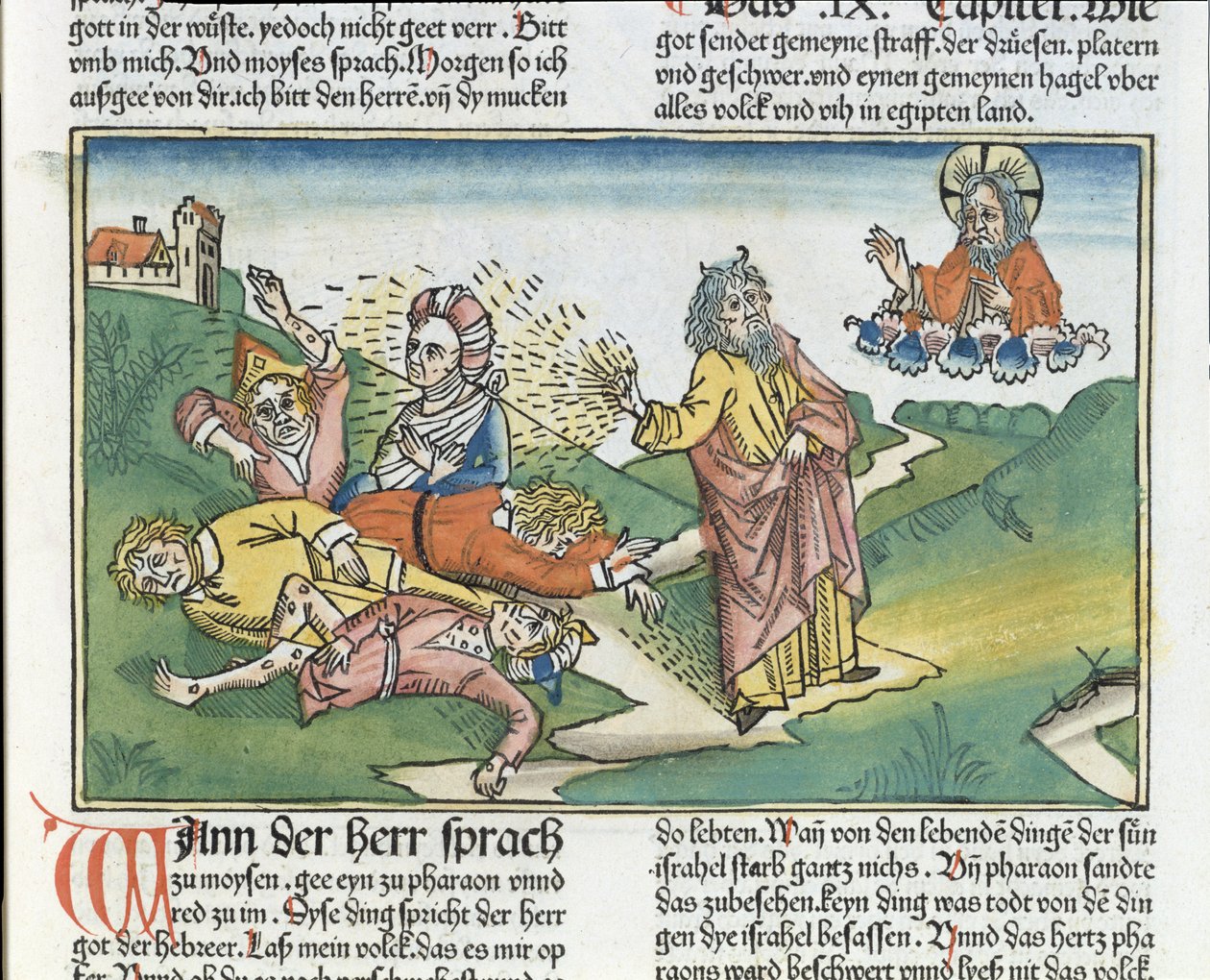 Exodus 9:8-12 The Seven Plagues of Egypt: Moses and the plague of boils, from the Nuremberg Bible by German School