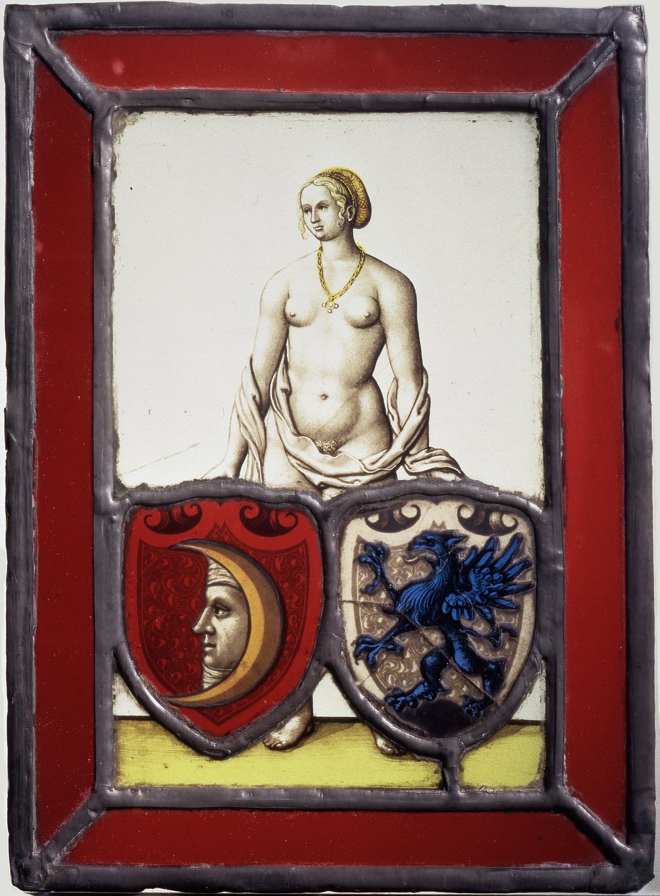 Female Nude Supporting Two Heraldic Shields by German School