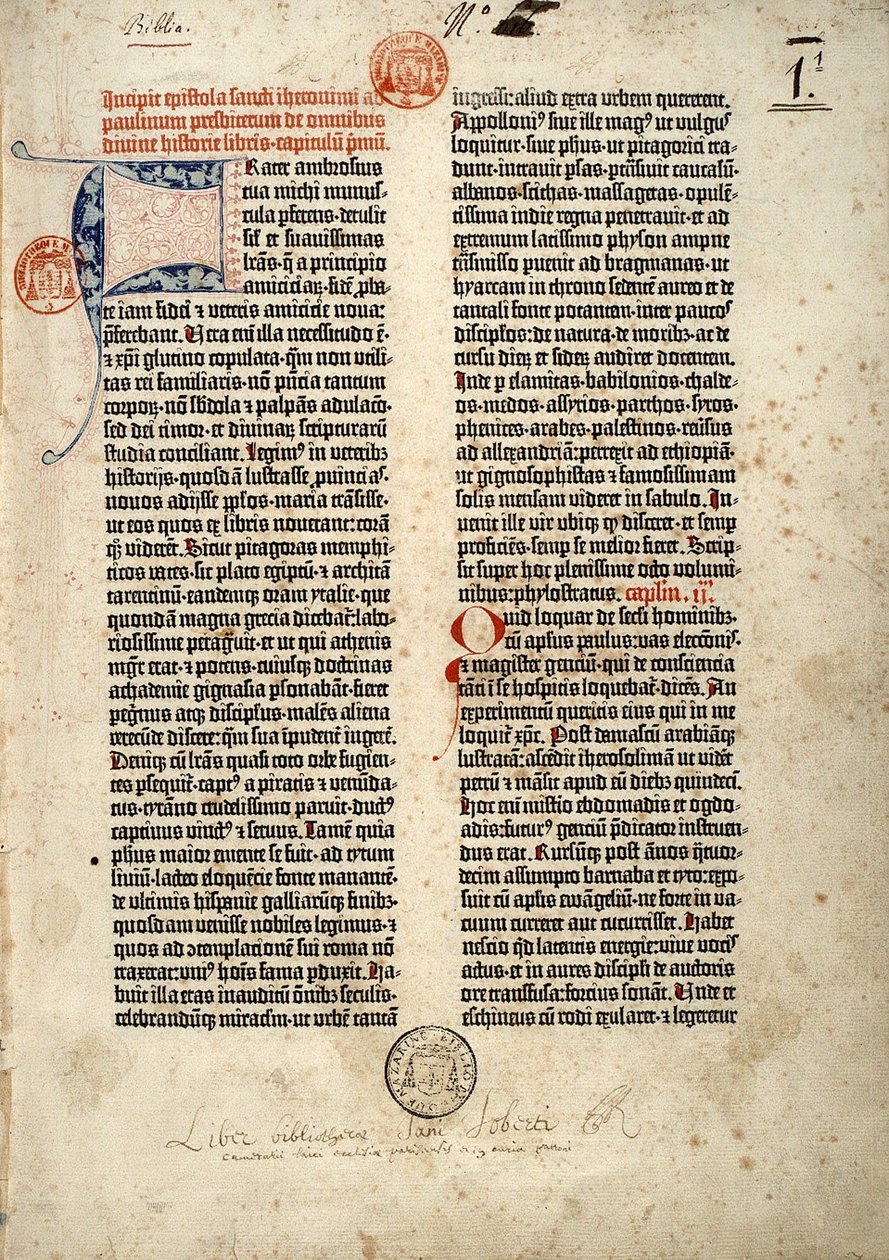 First page of the Bible in Latin (vulgate) of Gutenberg prepared in Mainz 1452-1454. The beginning of the epistle of Saint Jerome to the priest Paulin dealing with all the books of Holy Scripture. by German School