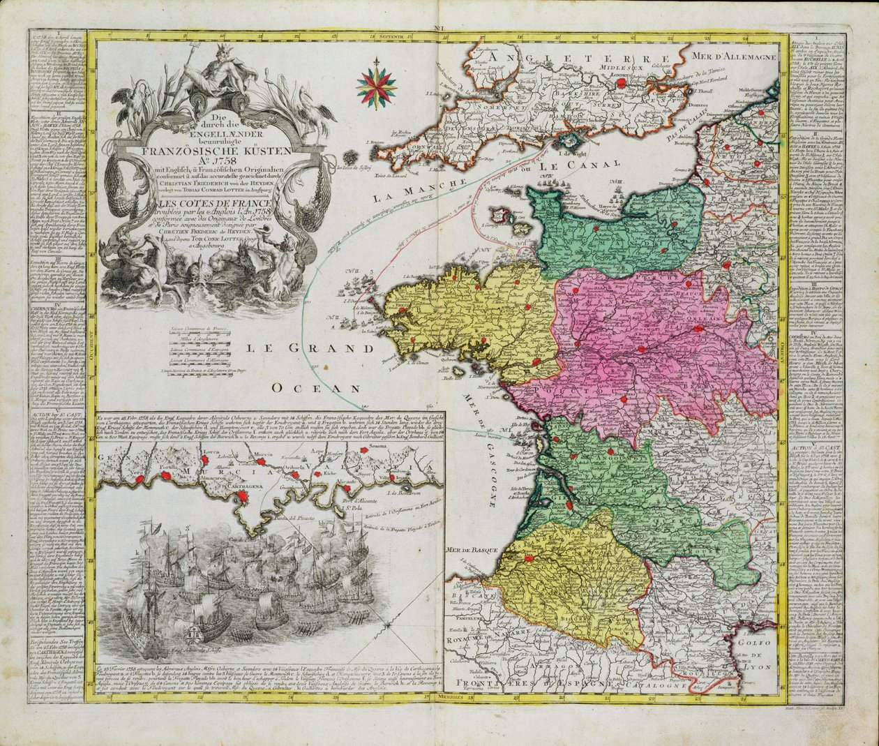 German Map Showing English Naval Attacks on French Ports in 1758 by German School