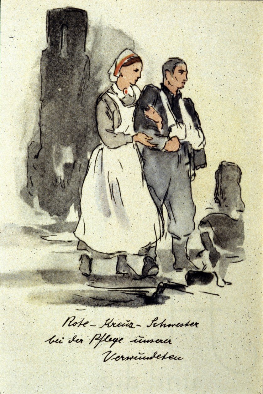 German nurse supporting a wounded man (1942) by German School