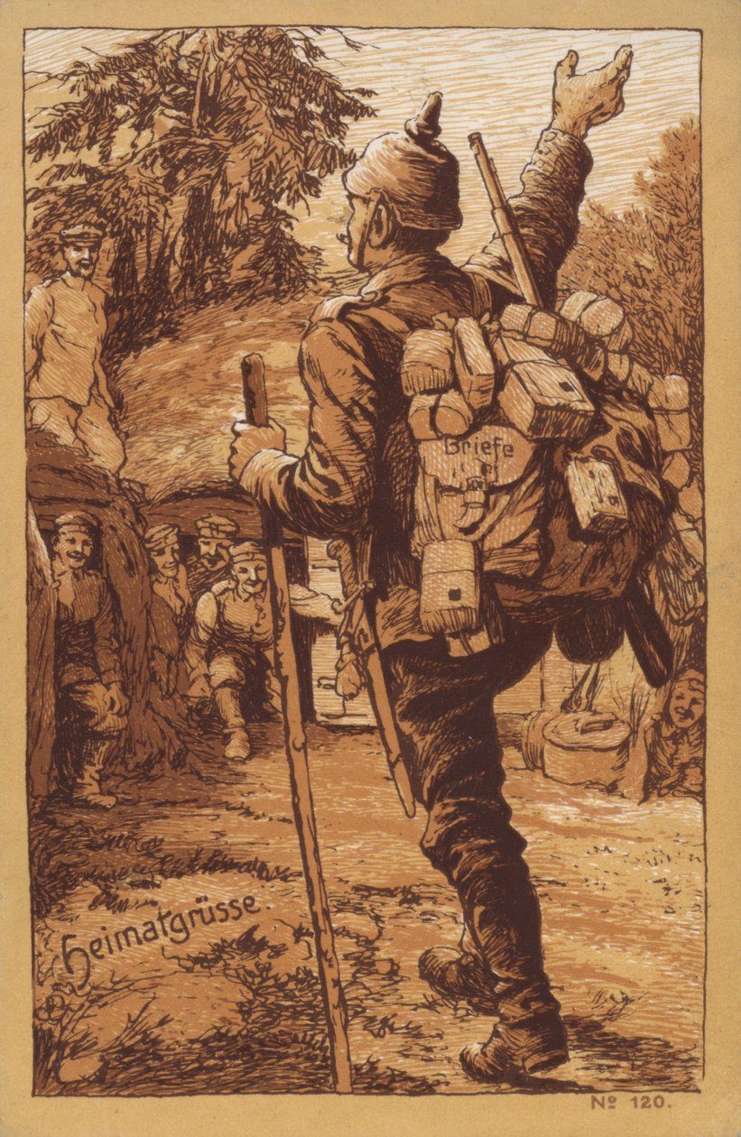 German Soldier Carrying Mail Receiving a Warm Welcome on His Return to His Unit by German School