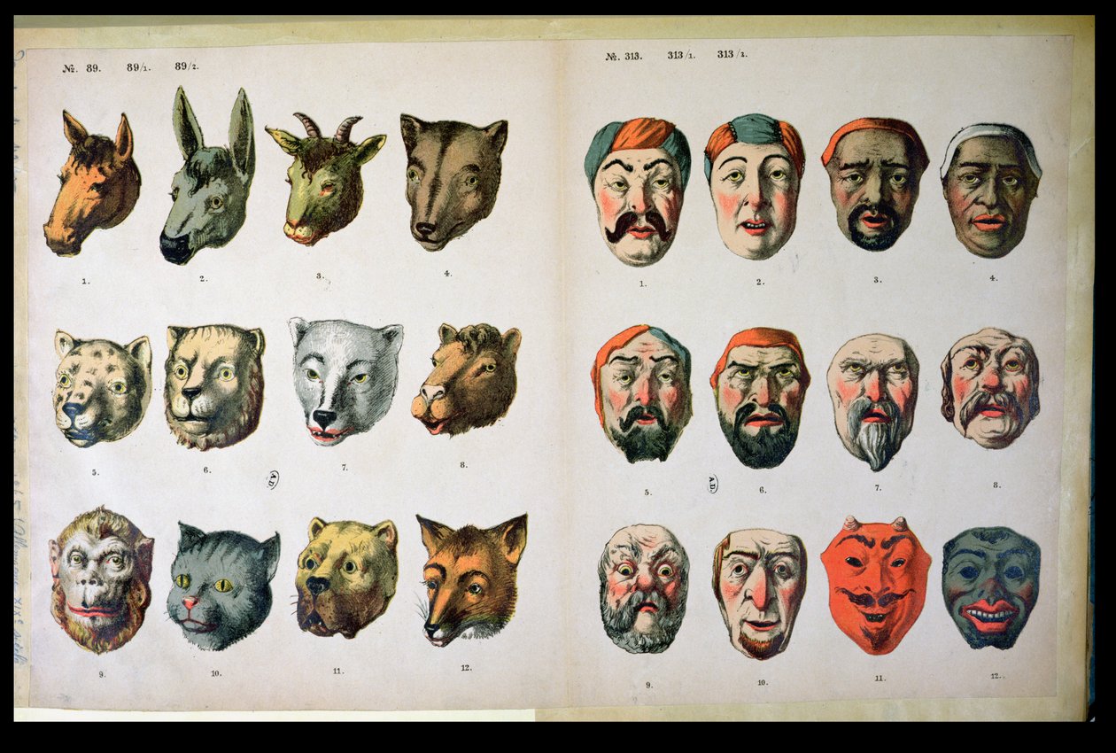 Human and animal carnival masks, page from a manufacturers catalogue from Mannebach, Thuringe, Germany, c.1865 by German School