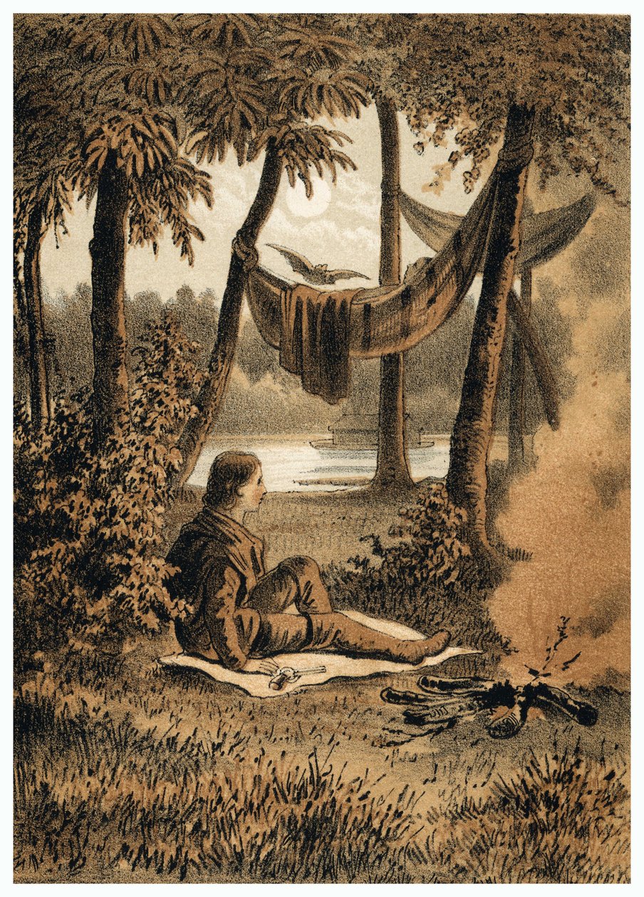Illustration of the Conquest of the Amazon River by Europeans, Installation of a Camp Near the River. in 