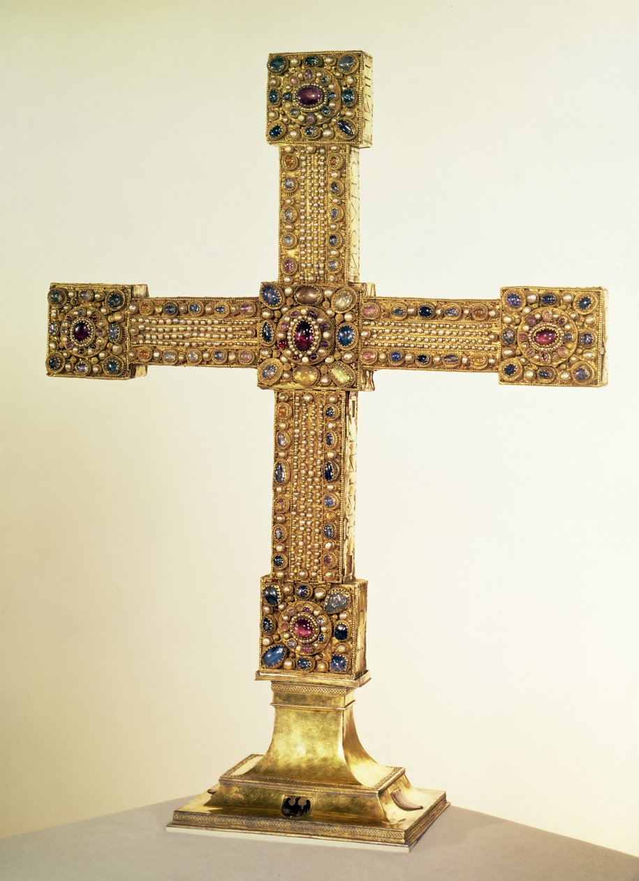 Imperial Cross of the Holy Roman Empire made of oak covered in plates of gold and decorated with pearls and precious stones, West German, 1024-25 by German School