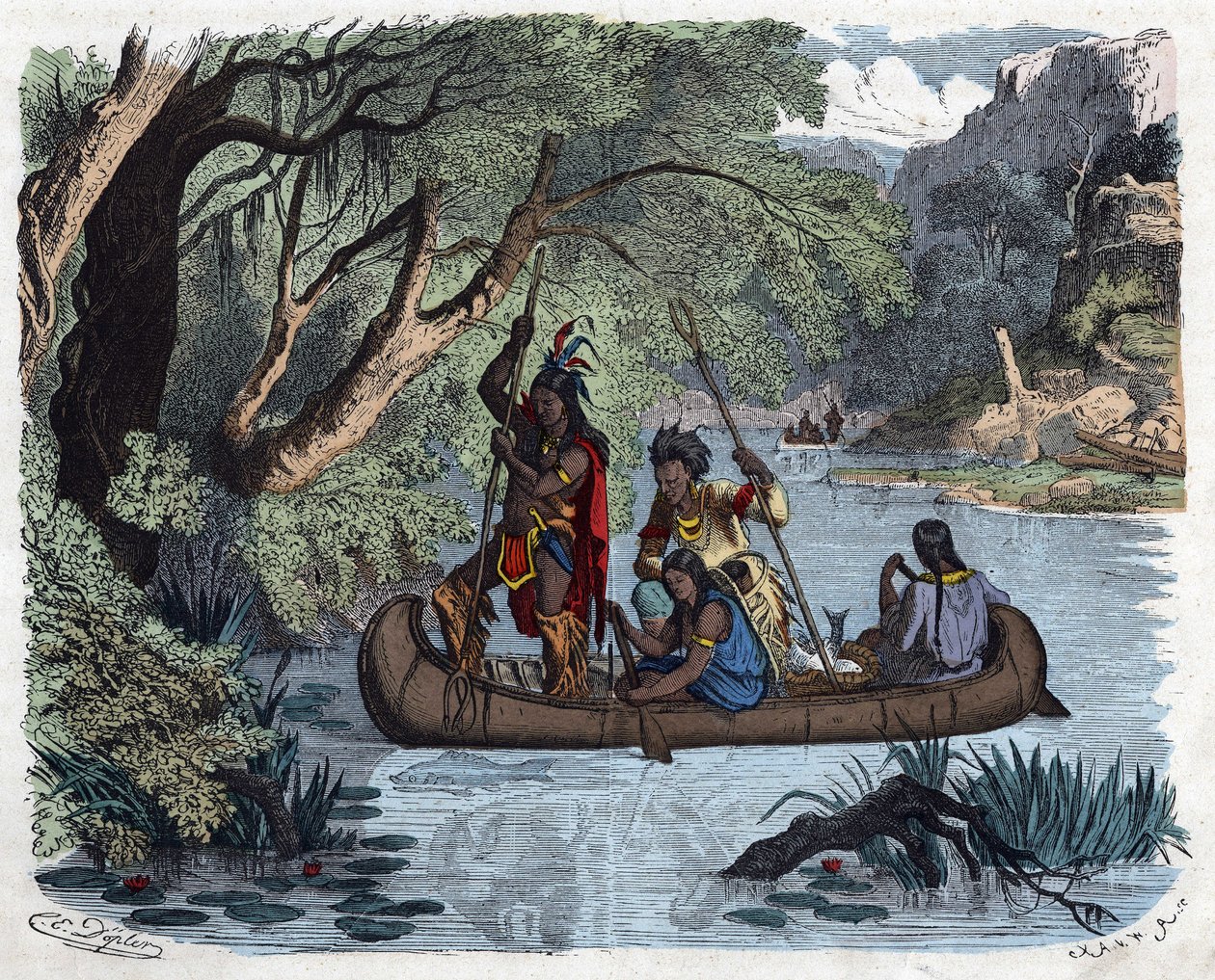 Indians fishing aboard a canoe on a river in America. In 