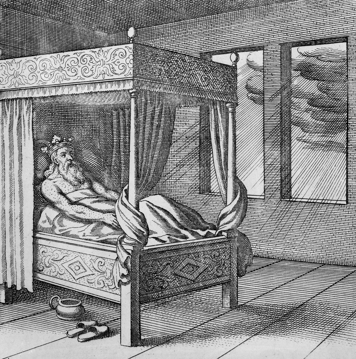 King Watches the Rain Through His Window from Musaeum Hermeticum by German School