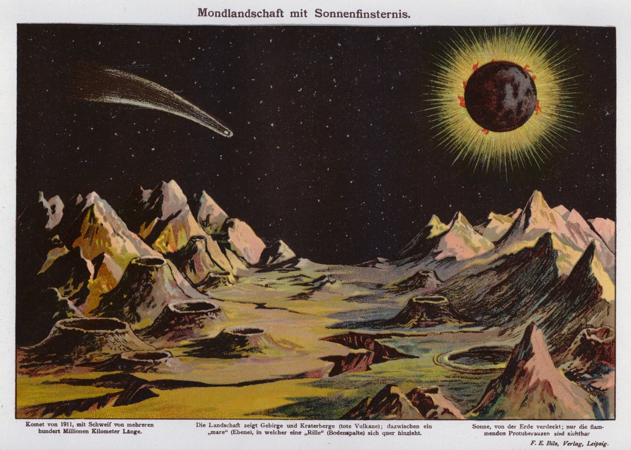 Lunar Landscape, Solar Eclipse and Comet of 1911 by German School