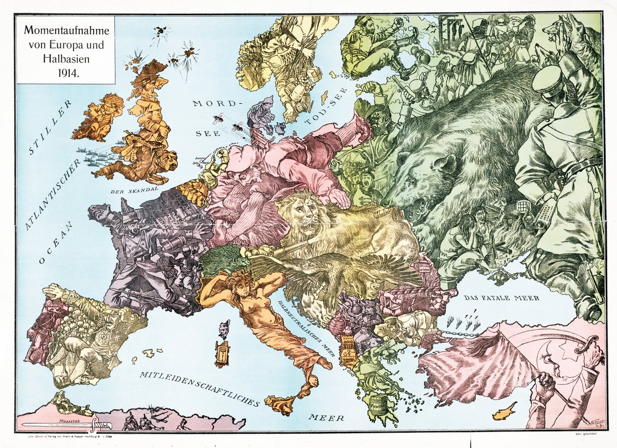 Map of Europe in 1914, published 1915 by German School