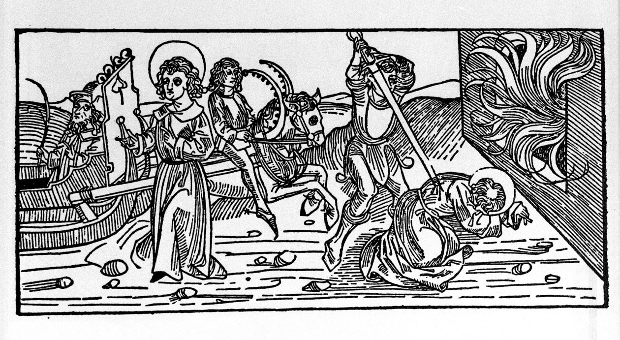 Martyrdom of Saint Polycarp of Smyrna (ca. 69-155), bishop. Engraving from the 