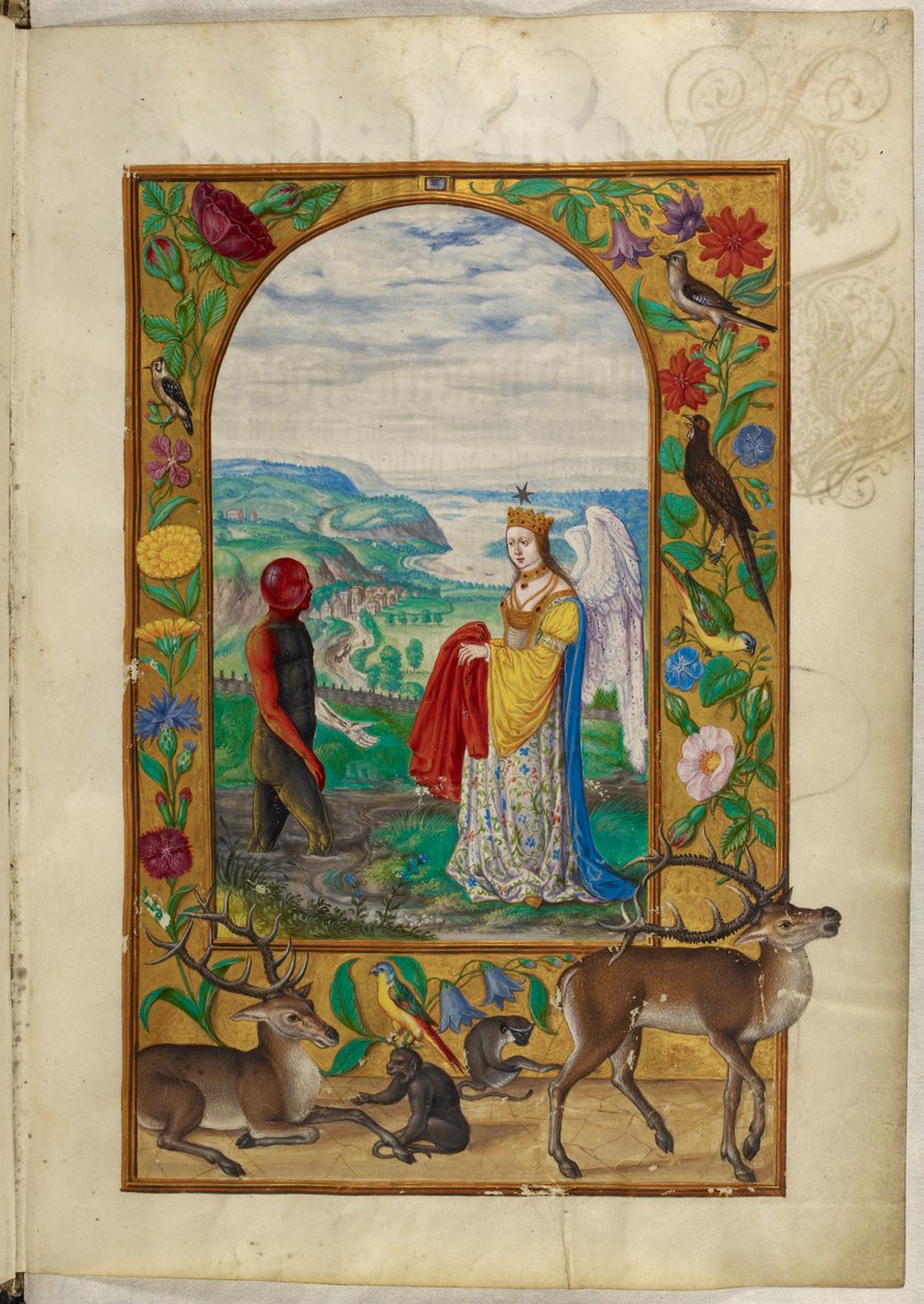 Ms Harley 3469, f.18 Queen Offers Robe to Man in Pool, the Fourth Parable, from 