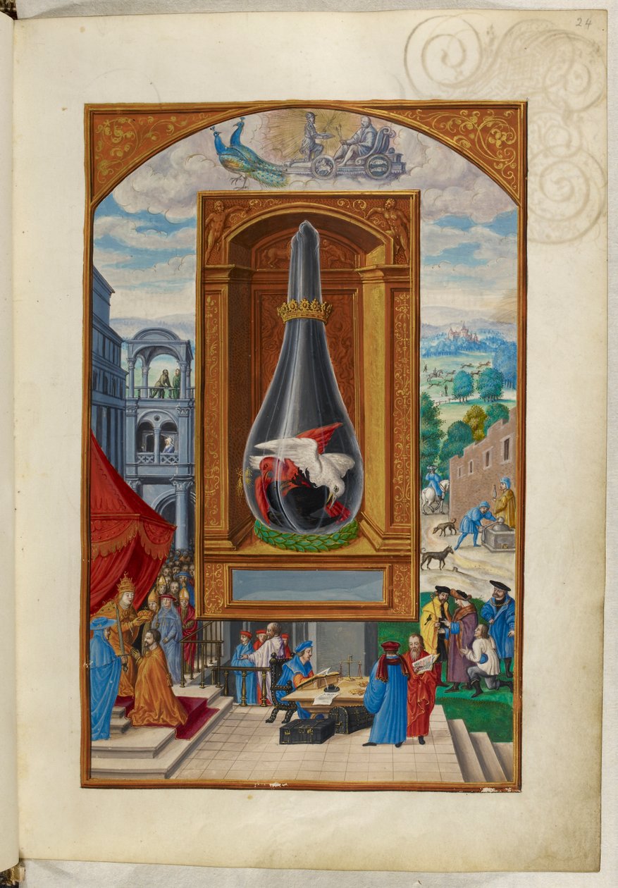 Ms Harley 3469, f.24 Three Birds Fighting in Flask, the Fourth Treatise ...