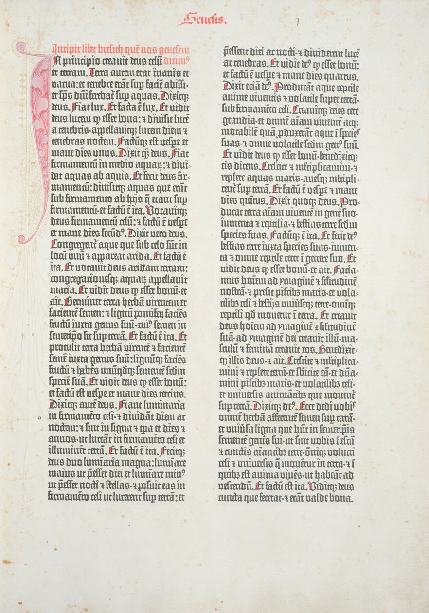 Opening page of the book of Genesis from the Gutenberg Bible, printed by Johannes Gutenberg and Peter Schoeffer in Mainz, 1454-56 by German School