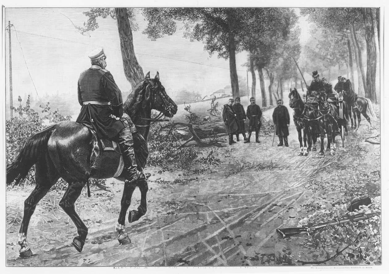 Otto von Bismarck and Napoleon III meeting at the Chaussee Von Donchery on the 2nd September 1870 by German School