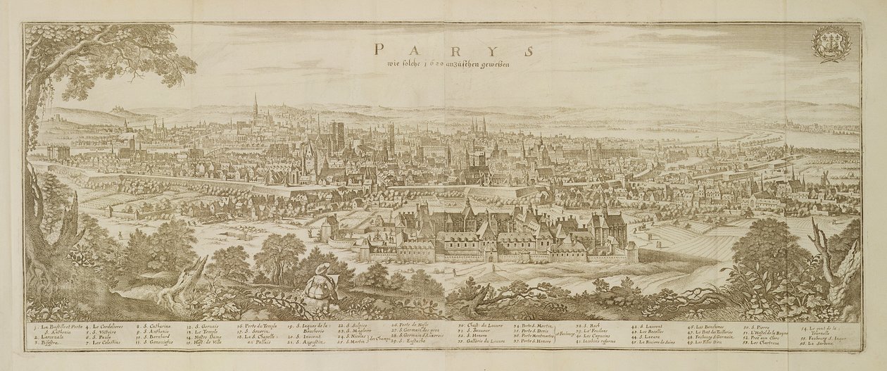 Panoramic view of Paris in 1620, from Topographia Galliae by Martin Zeiller (1589-1661) published 1655 by German School
