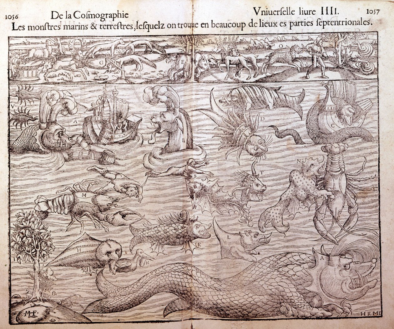 Plate representing all types of marine and terrestrial monsters found in northern regions: Xilography taken from Sebastien Munster