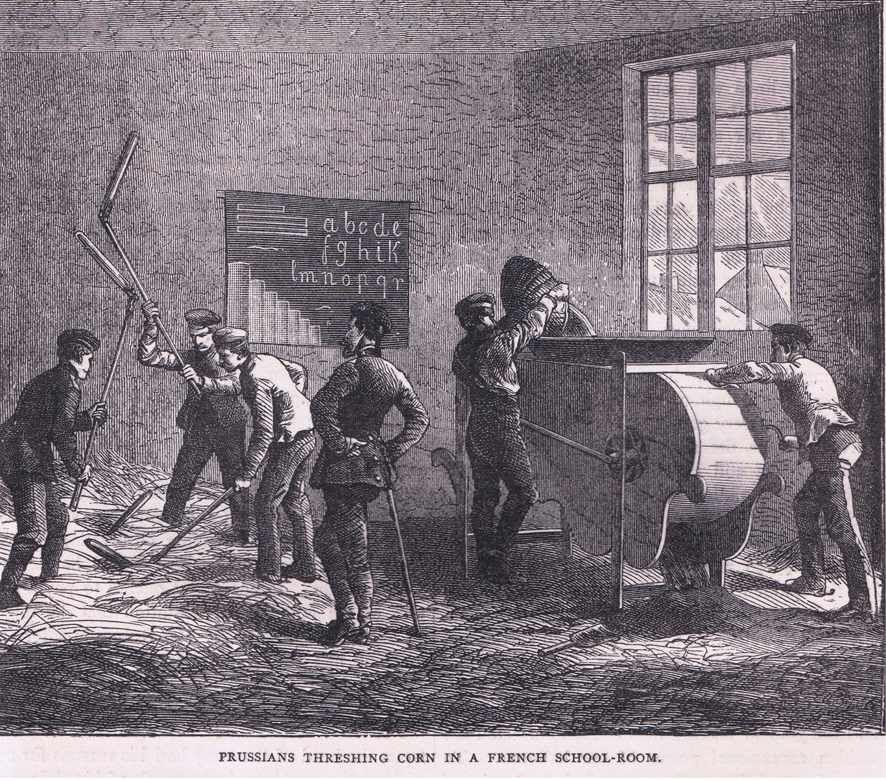 Prussians threshing corn in a French school room, Cassells History of the War between France and Germany published by Cassell and Company Limited, c.1890 by German School