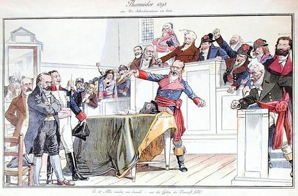 Satirical cartoon depicting the Dreyfus Affair as a revolutionary trial by German School