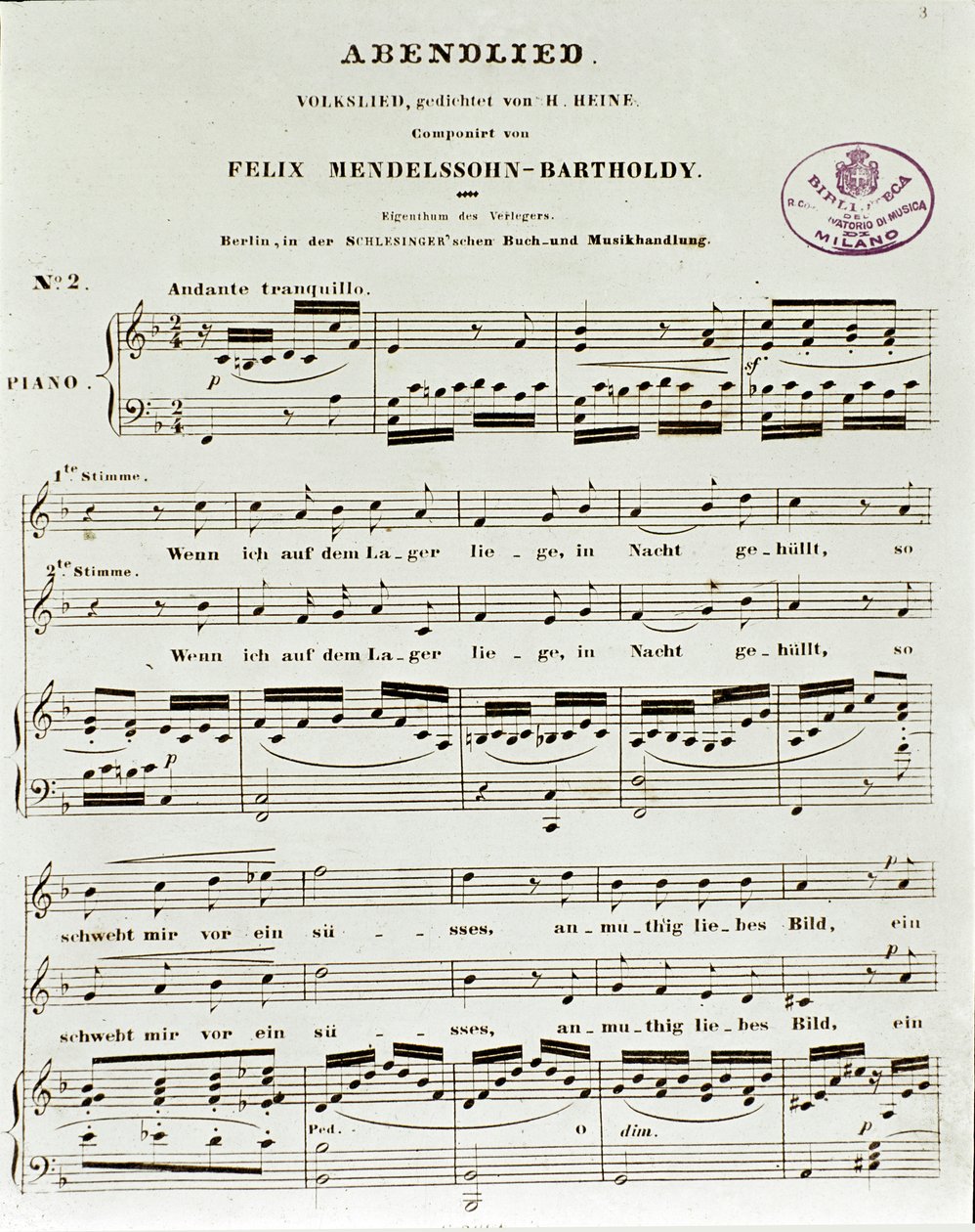 Score Page of Abendlied by Felix Mendelssohn by German School