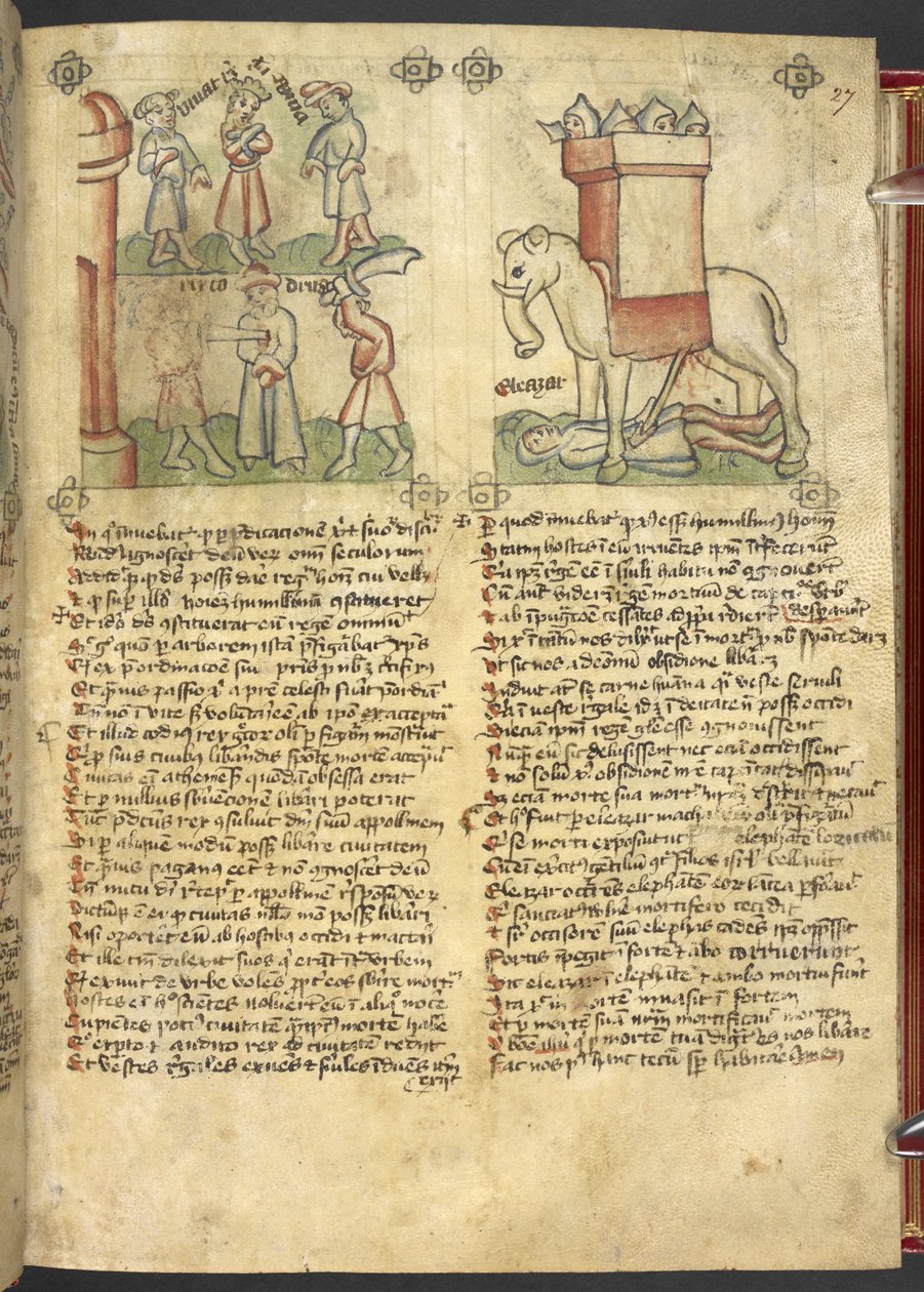 King Codrus gives himself up to be killed for his people, and Eleazar Maccabeus stabbing the elephant and being crushed by it, from 