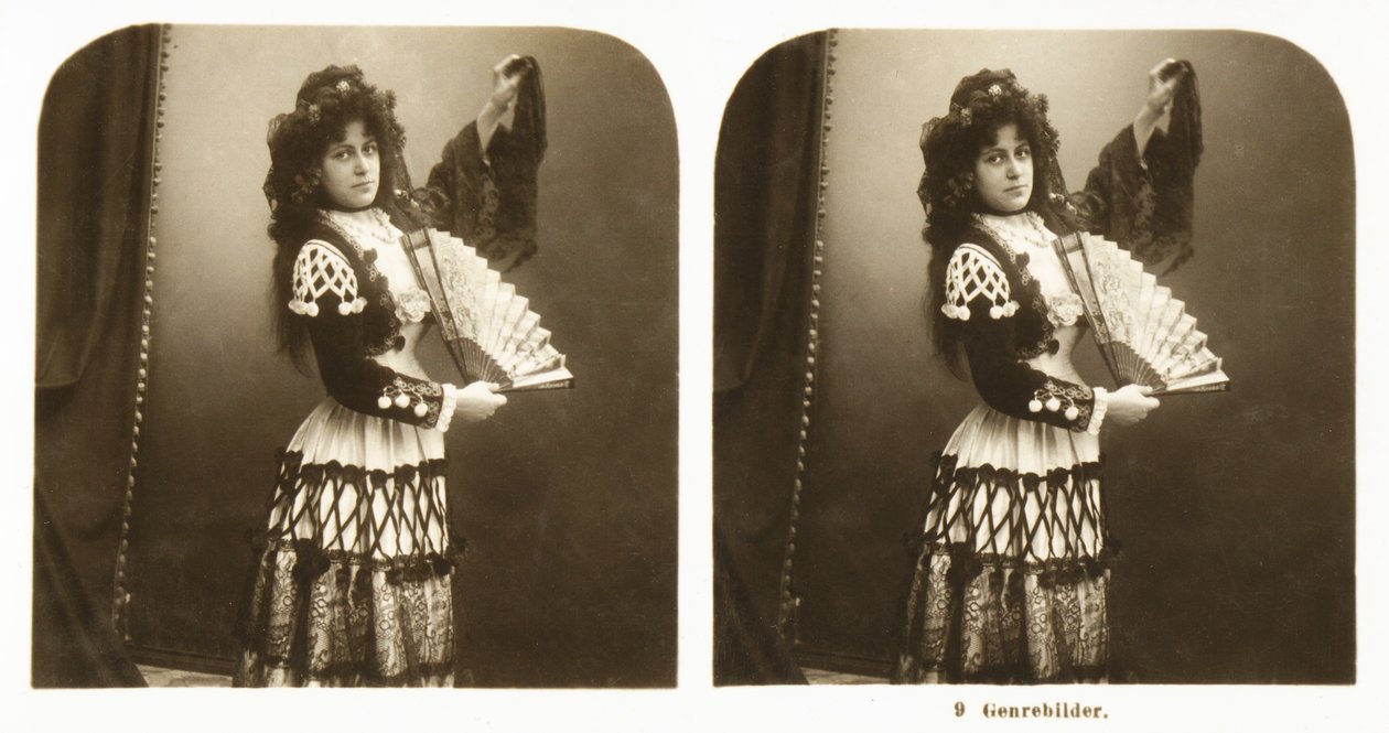 Stereoscopic card depicting a young woman in traditional Spanish costume from the Aragon area, c.1900 by German School