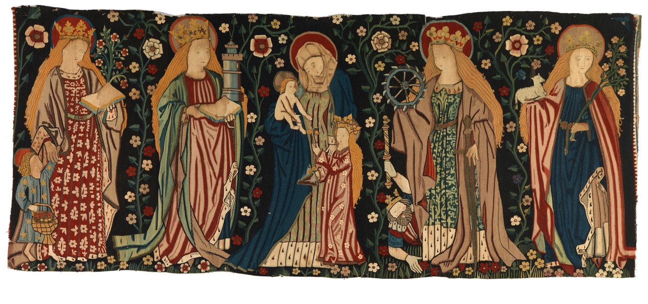 Tapestry antependium depicting St Anne, the Virgin and Christ, and four female saints by German School