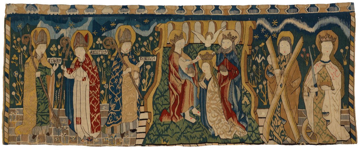 Tapestry Antependium Depicting the Coronation of the Virgin Between Three Holy Bishops and Two Saints, from Middle Germany by German School