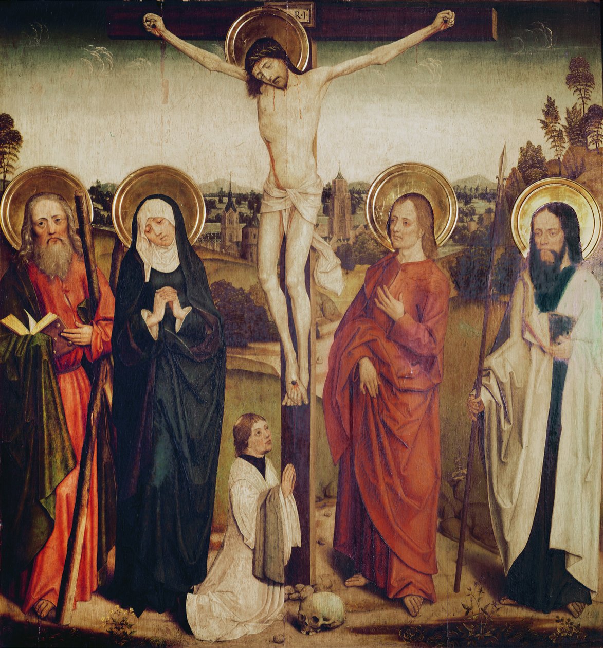 The Crucifixion, with Saint Andrew, Saint Matthew and a Man Kneeling at the Foot of the Cross by German School