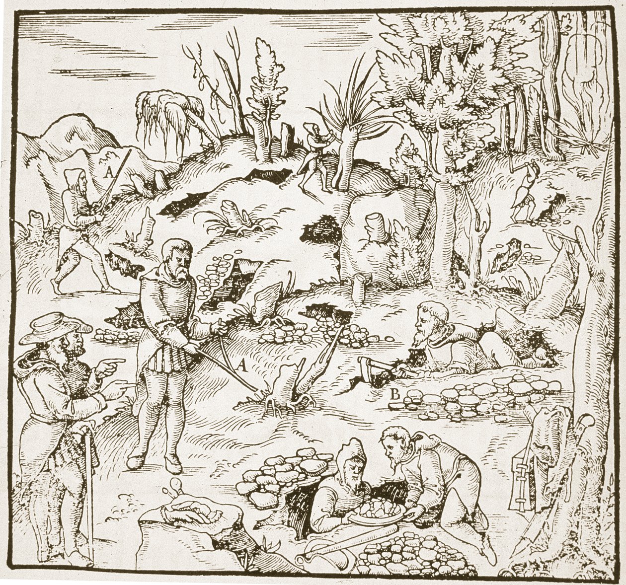 The Divining Rod, from Bergwerk Buch by Georg Agricola, Frankfurt 1580, illustrated in a History of Magic, published late 19th century by German School