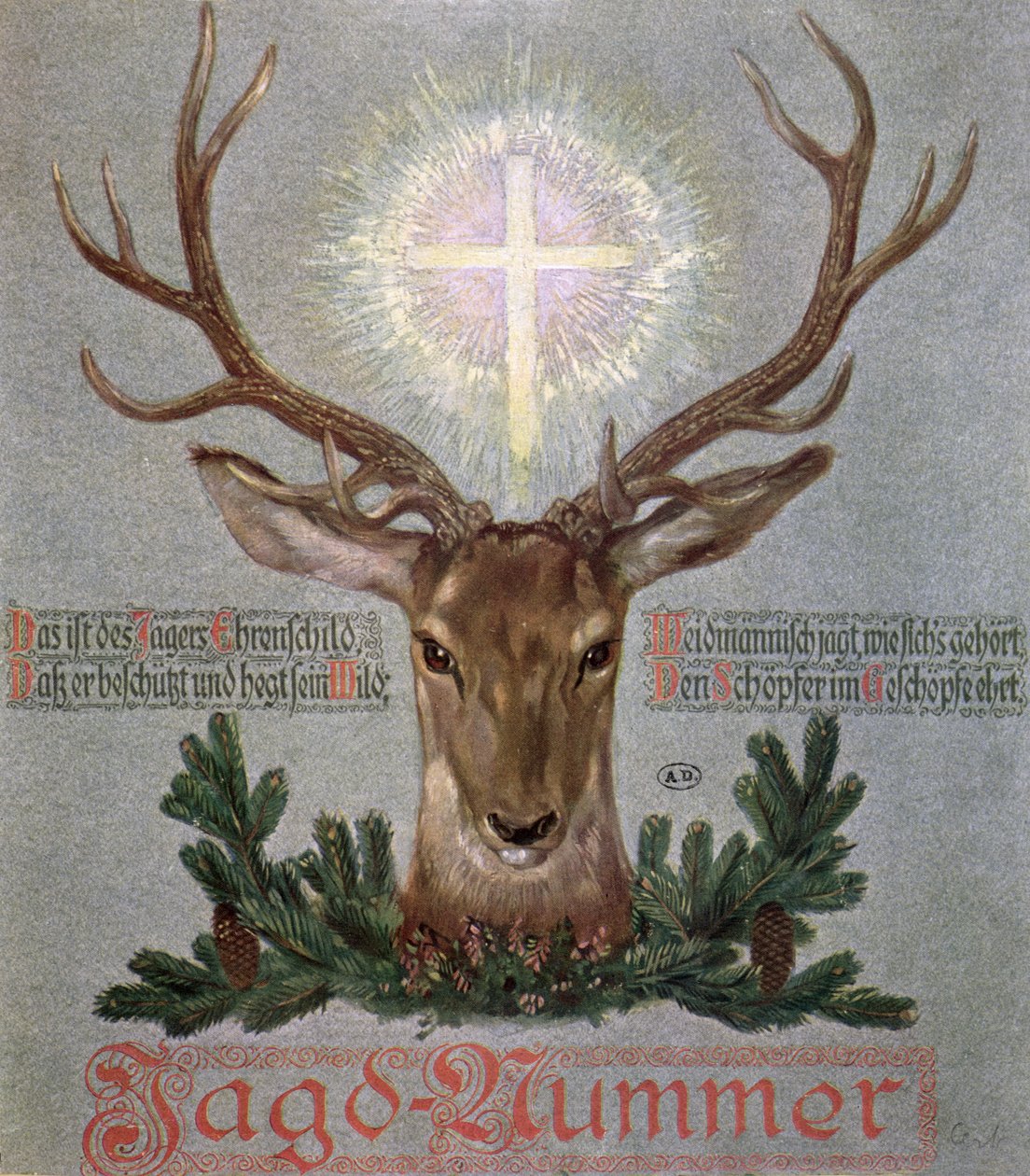The Stag of St. Hubert (655-727), cover illustration from a hunting journal, 1908 by German School