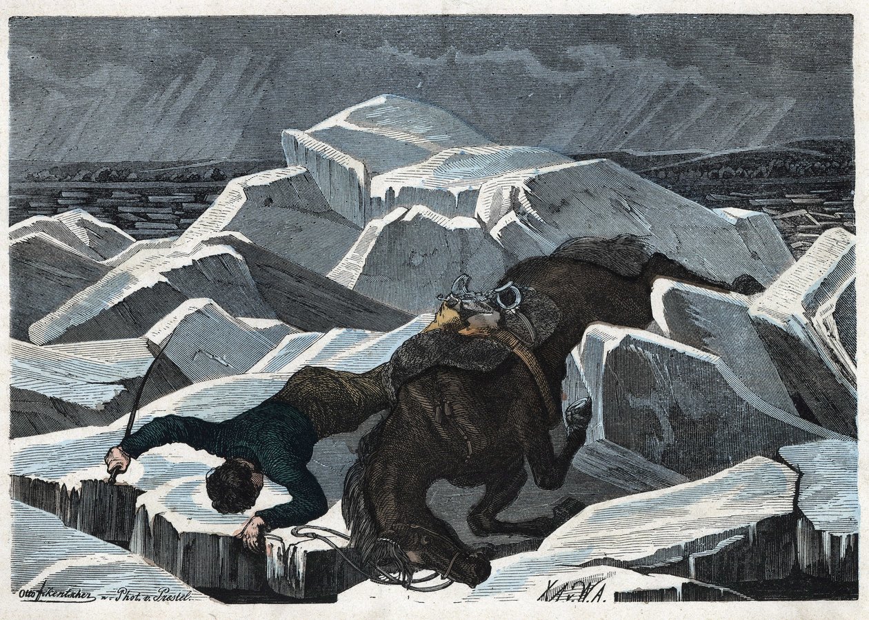 The fall of Count Sandor and his horse on the broken ice of the Danube. In 