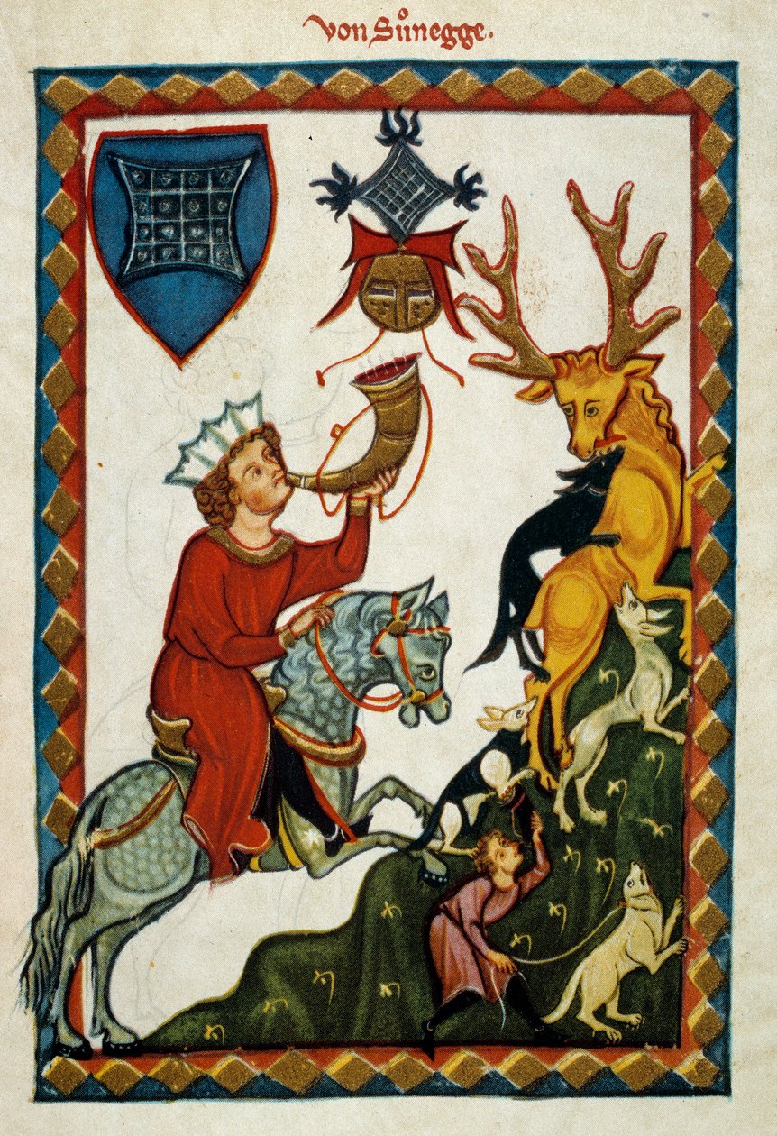 The pleasures of hunting: King Radin of Hohenstaufen, King of Sicily (Italy) and Jerusalem (Israel) under the name of Conrad II, Duke of Swabia under the name of Conrad III and King of the Romans under the name of Conrad V (1252-1268) hunts deer (illuminat by German School