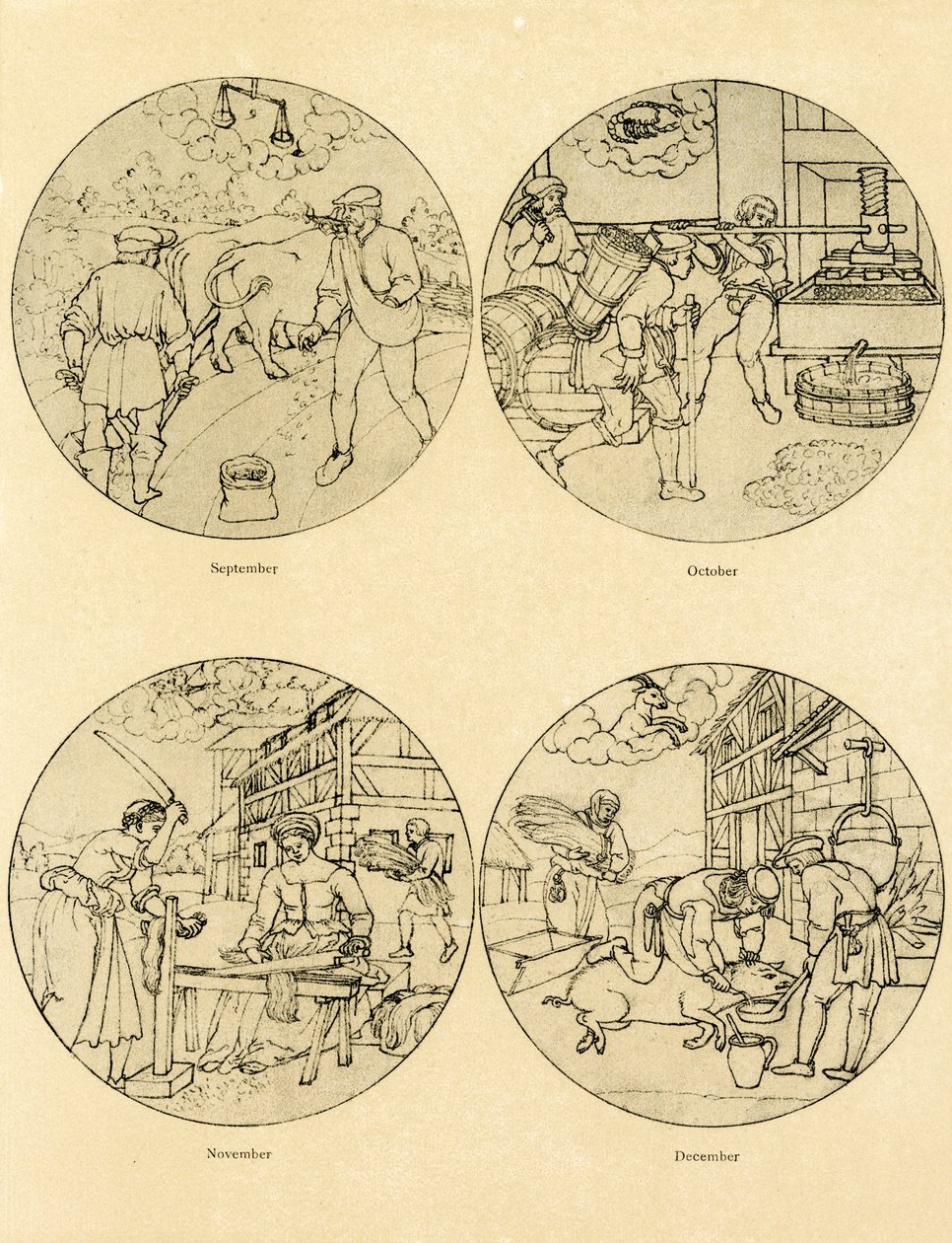 Twelve calendar images in a circular shape by German School