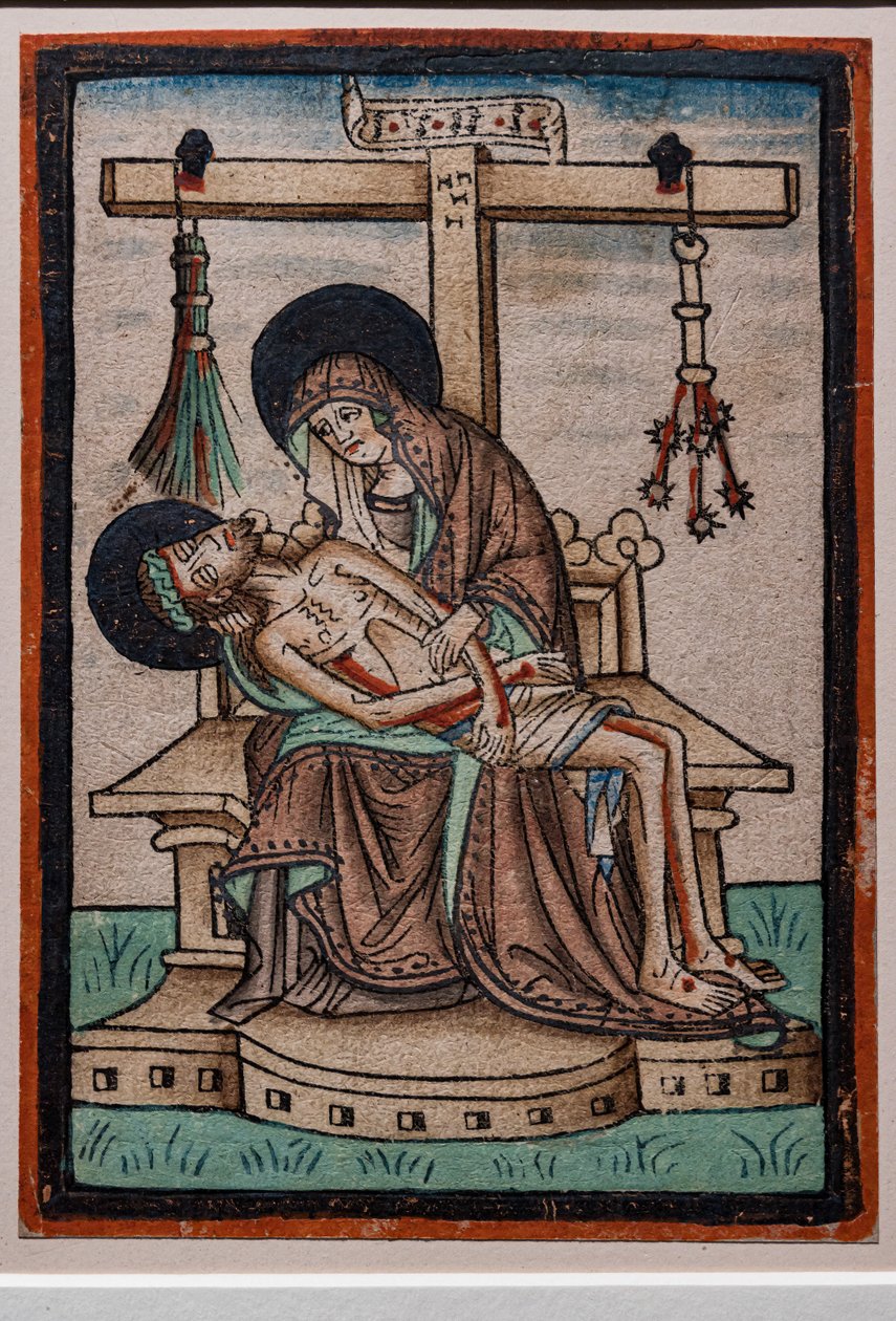 Vesperbild (Lamentation), Watercolor Woodcut by German Engraver, c.1450. The Symbols of Christ’s Passion Hang from the Cross. by German School