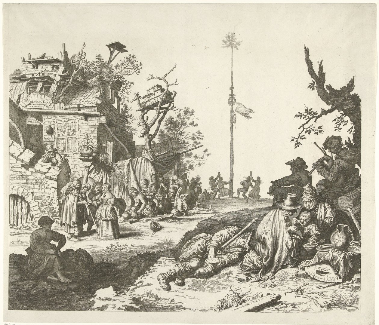 Resting Roma Family in Front of a Dilapidated Inn by Gerrit Adriaensz. de Heer