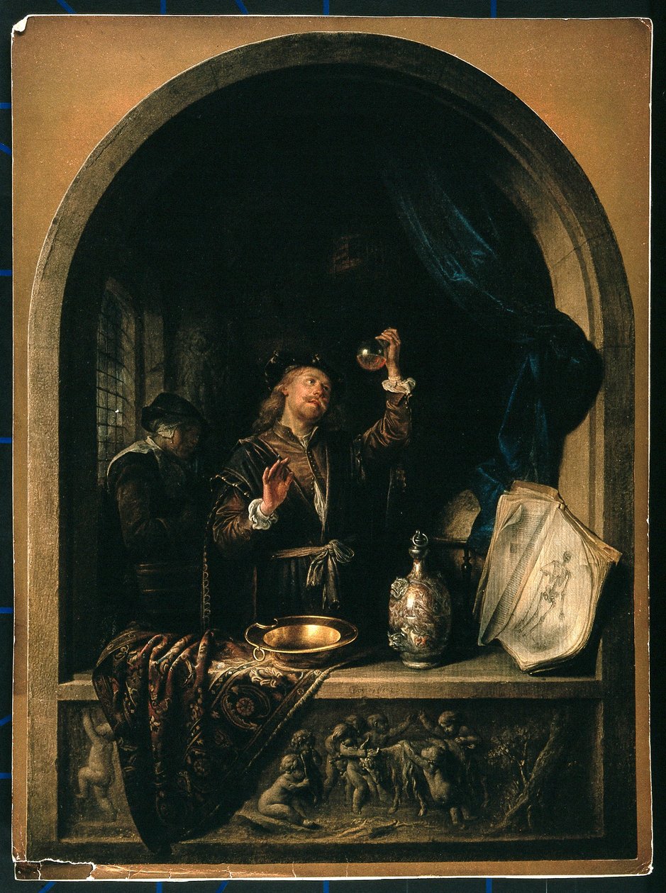 A Physician Examining a Urine Specimen from an Elderly Female by Gerrit Dou